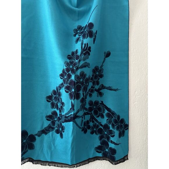 Pashmina Scarf Wrap Womens 76 in x 24 Blue Reversible 100% Cashmere Floral - Picture 10 of 15